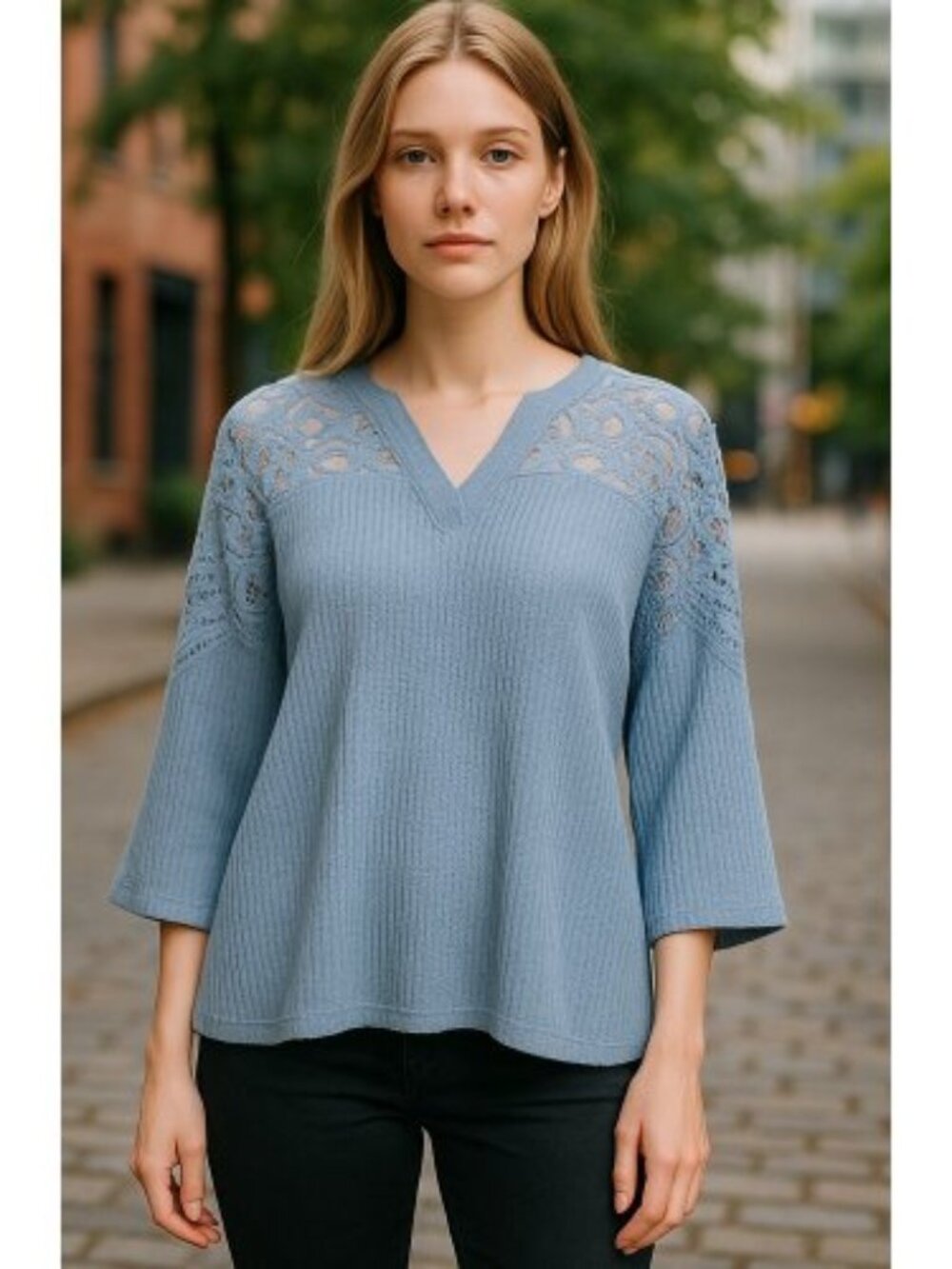 NEW Blue Lace Sleeves STUDIO 1886 Pullover Top Ladies L 12-14